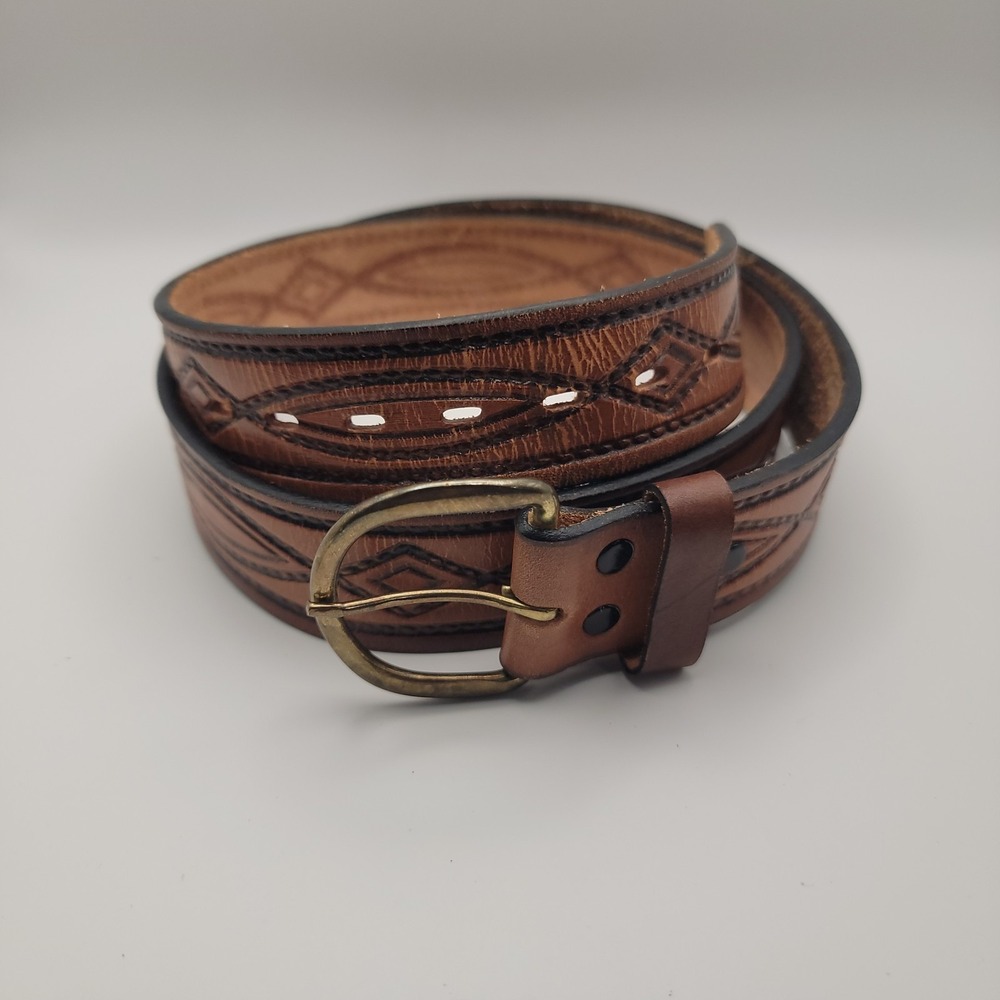 Tooled Leather Belt Size‎ 40 Brown Top Grain Western Oval Brass Buckle